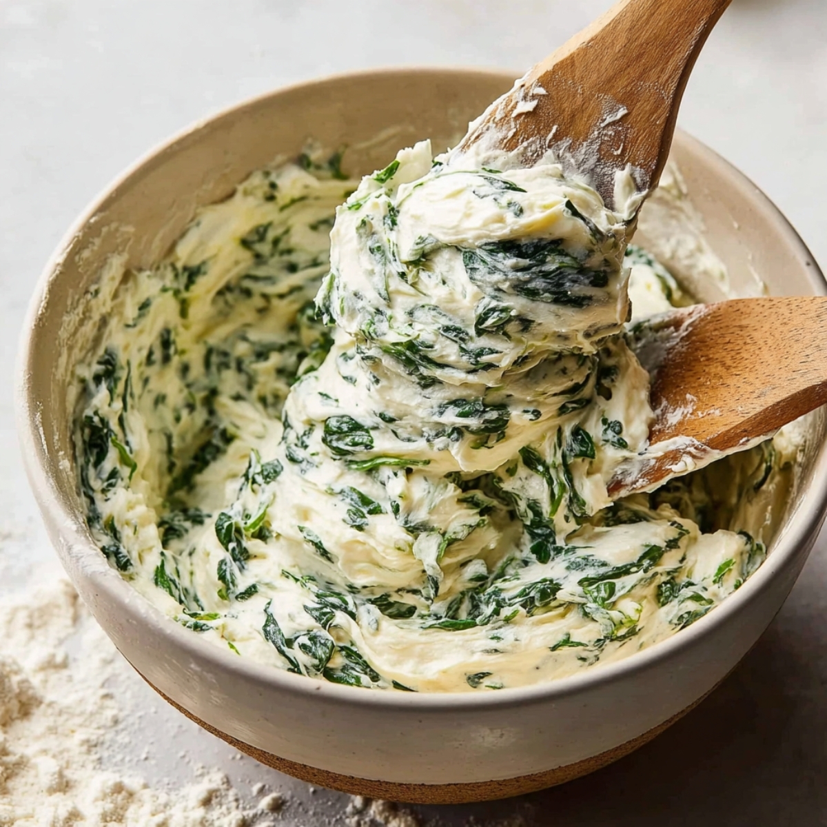 Bowl of creamy cottage cheese mixed with fresh spinach, stirred with wooden spatulas, ready to be used as a savory filling for bagels or sandwiches.
