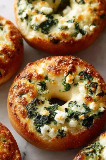 Close-up of golden-brown bagels topped with melted cottage cheese and fresh spinach, freshly baked on a tray, perfect for a healthy breakfast or snack.