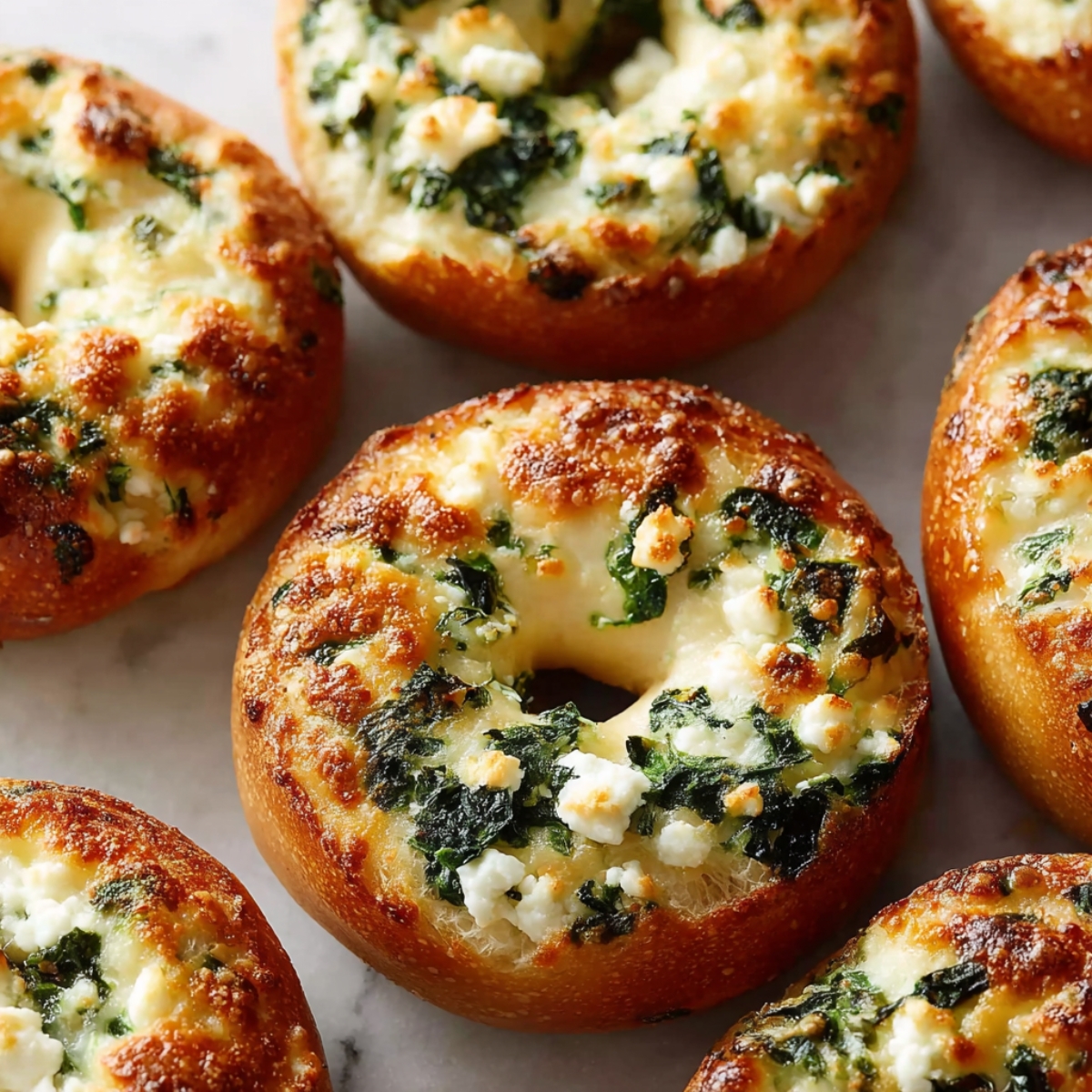 Close-up of golden-brown bagels topped with melted cottage cheese and fresh spinach, freshly baked on a tray, perfect for a healthy breakfast or snack.