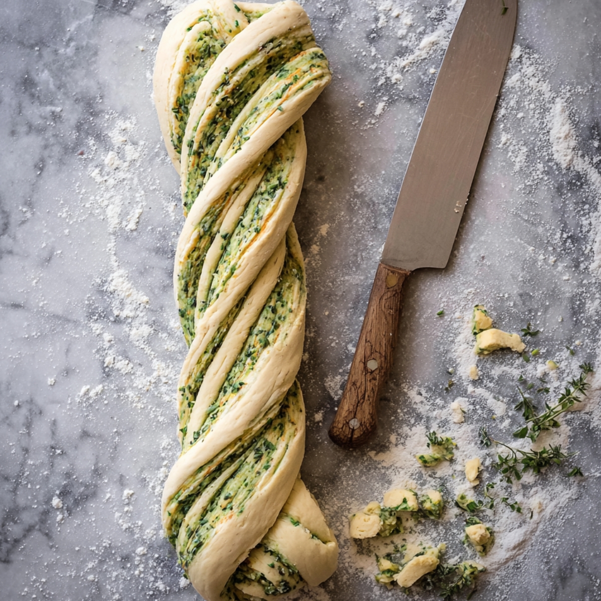 Twisted and layered unbaked swirled garlic herb bread dough on a floured surface, filled with green garlic and herb mixture, next to a serrated knife, showing the preparation process for homemade savory bread.