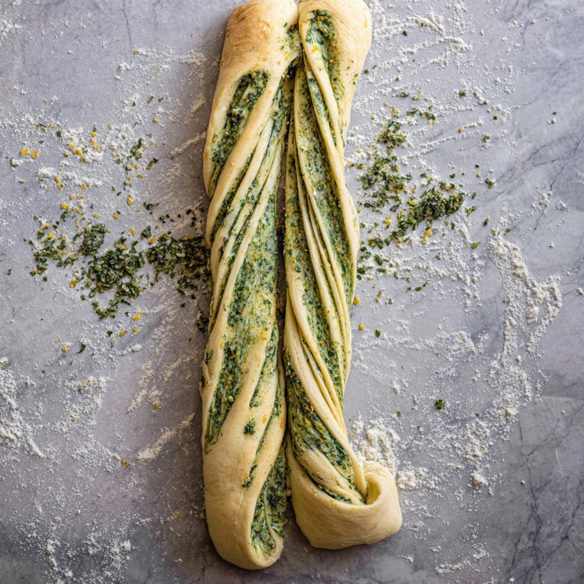 Close-up of twisted swirled garlic herb bread dough on a floured countertop, showing vibrant green garlic and herb filling and layered texture, ready to bake into golden, savory bread.
