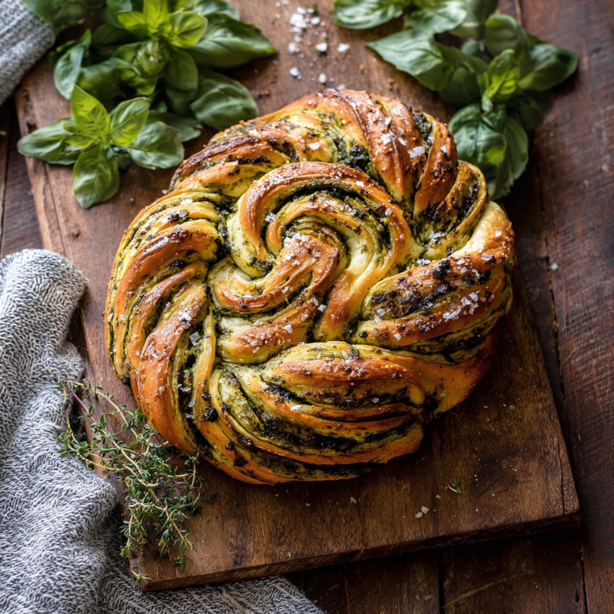 Freshly baked swirled garlic herb bread with golden brown crust, flaky layers, and vibrant green herb filling on a wooden board, garnished with fresh basil and coarse sea salt.