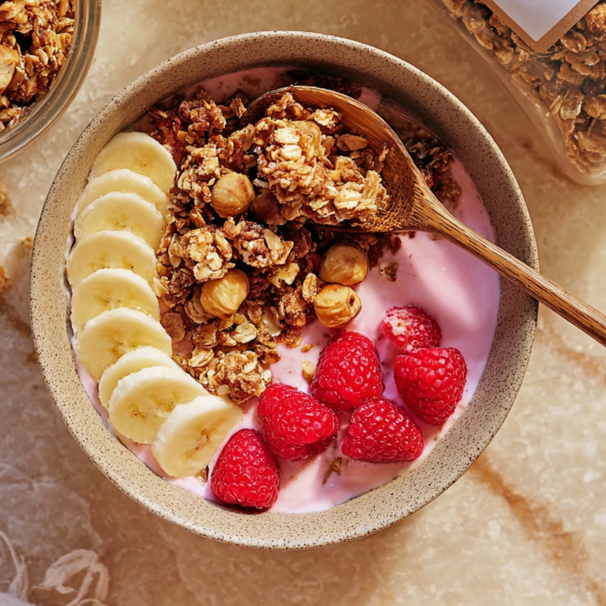 A wholesome homemade high-protein breakfast bowl featuring creamy pink yogurt, crunchy granola, sliced bananas, fresh raspberries, and hazelnuts, perfect for a healthy and energizing start to your day.