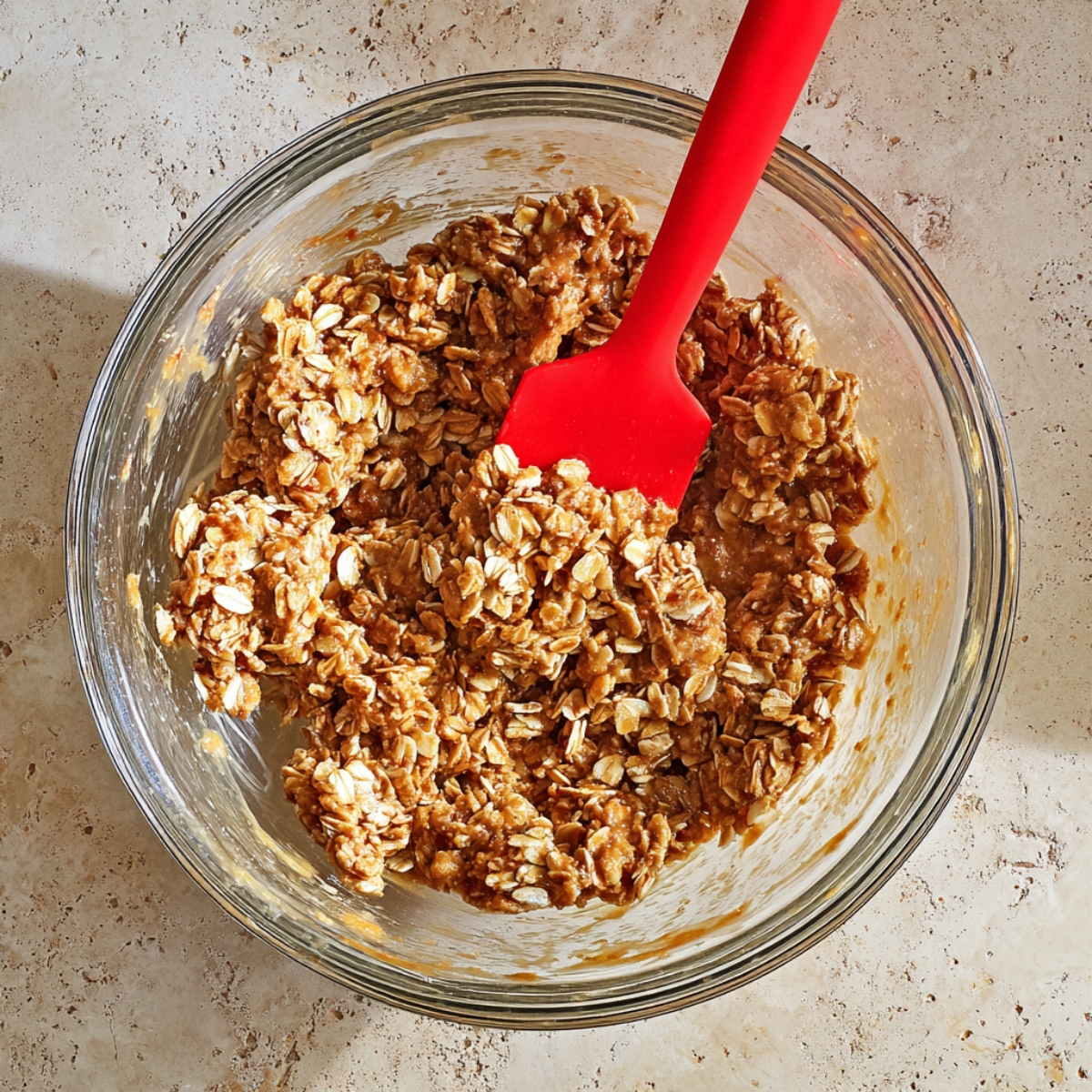 A glass bowl filled with a homemade high-protein mixture of oats, peanut butter, and natural sweeteners, ready to be rolled into healthy energy balls, with a red spatula stirring the ingredients.