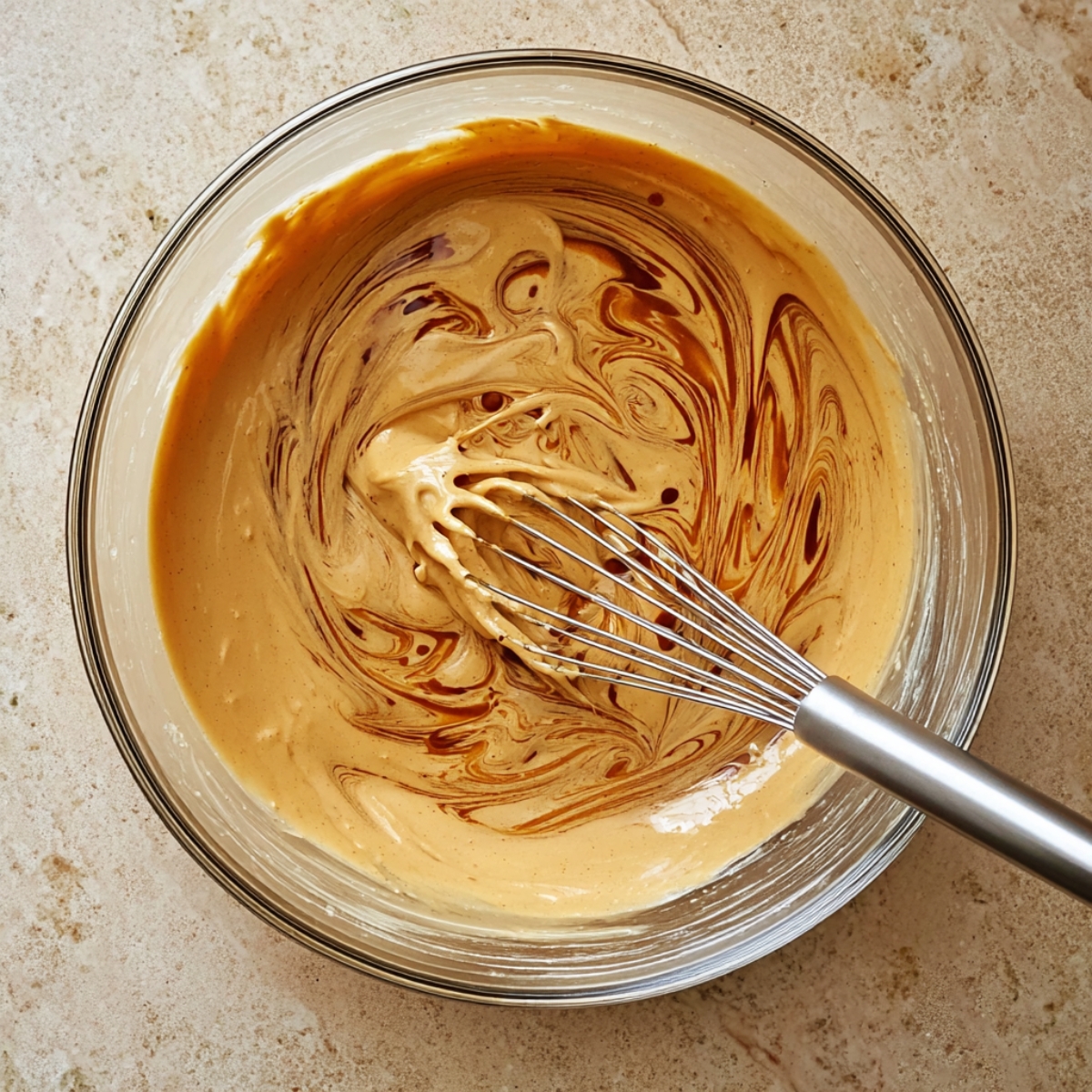 A glass bowl with a creamy homemade high-protein peanut butter mixture, swirled with natural sweeteners, being whisked with a metal whisk, perfect for healthy protein snacks or energy balls.