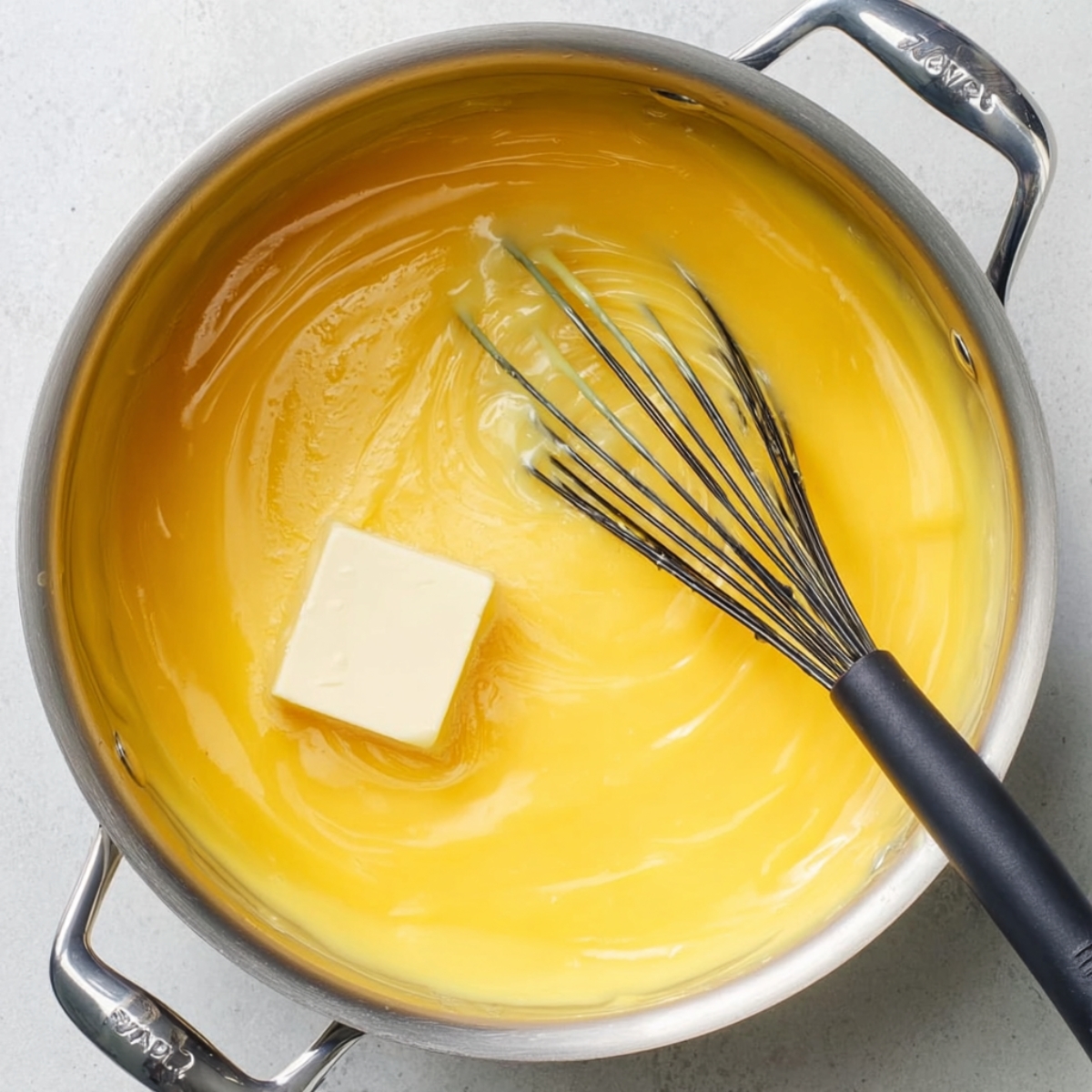 Smooth, glossy lemon curd being whisked in a stainless steel pot with a pat of butter, perfect for filling a lemon meringue pie.