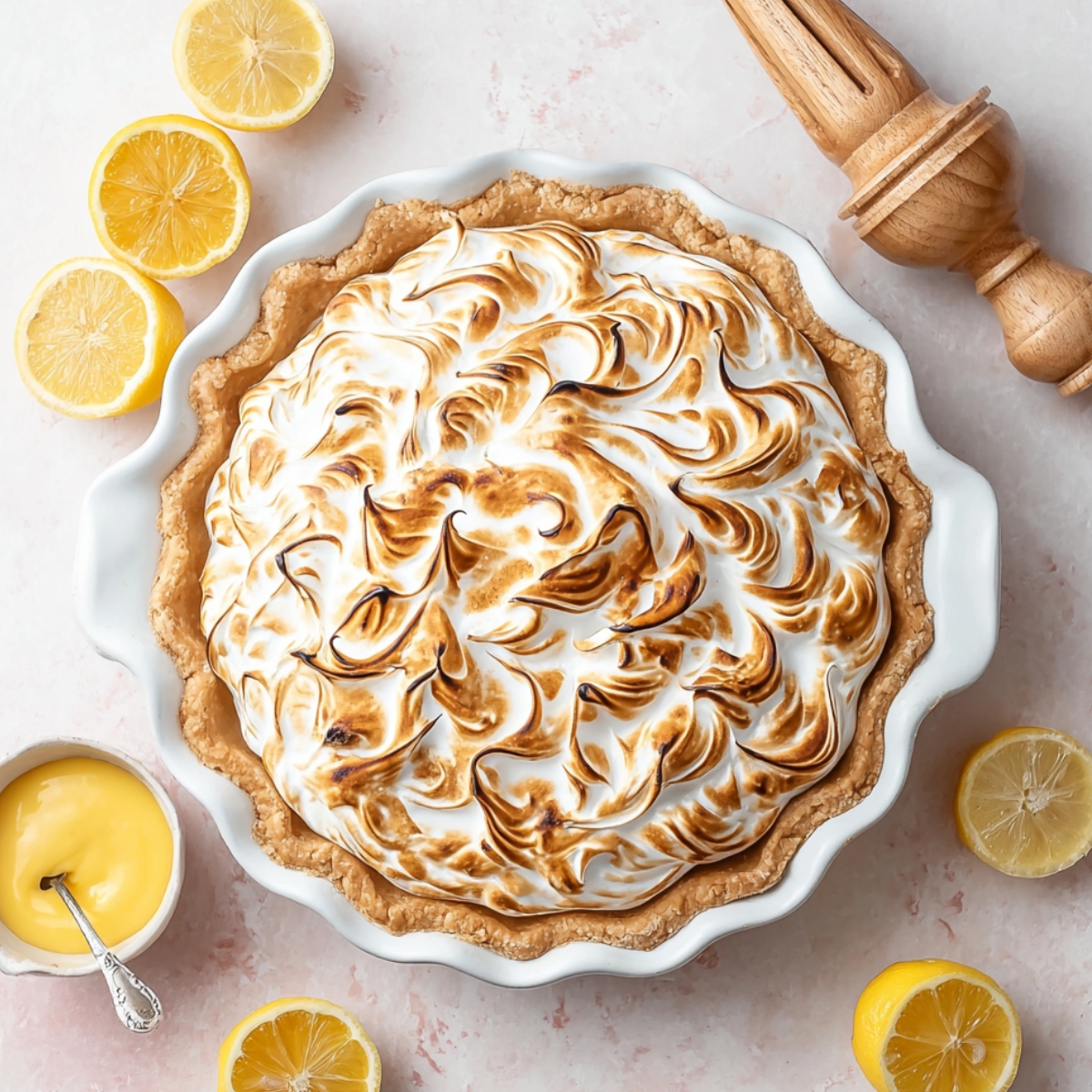 Freshly baked lemon meringue pie with perfectly toasted peaks of meringue, a smooth lemon filling, and a golden flaky crust, surrounded by fresh lemon halves and a small bowl of lemon curd.