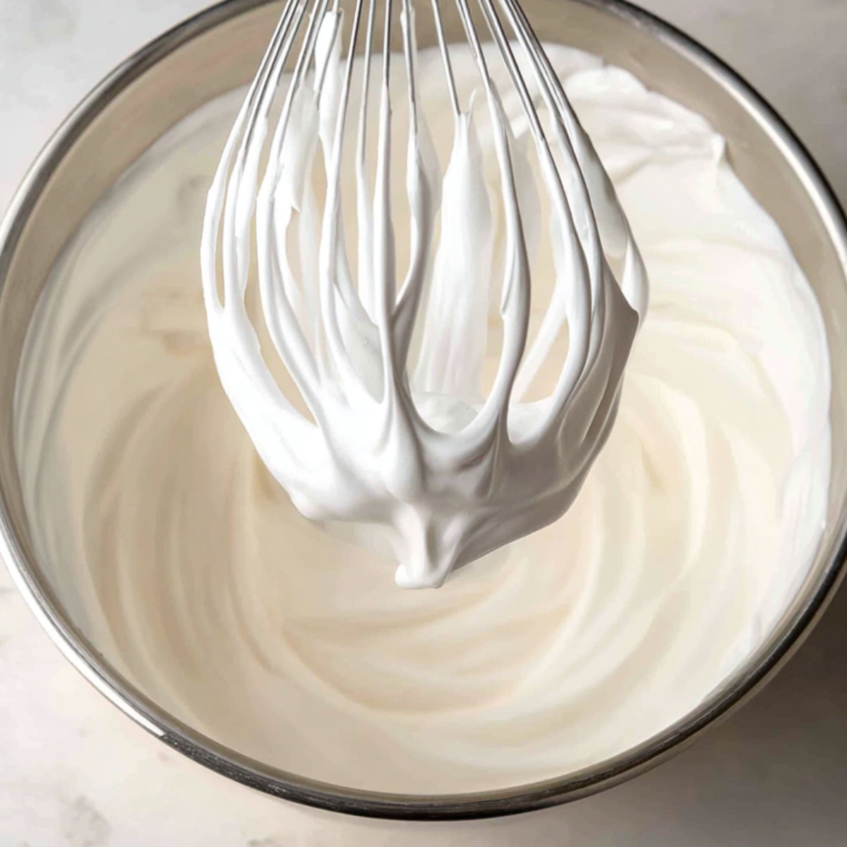 Close-up of stiff, glossy whipped meringue on a whisk over a stainless steel mixing bowl, ready to top a lemon meringue pie.