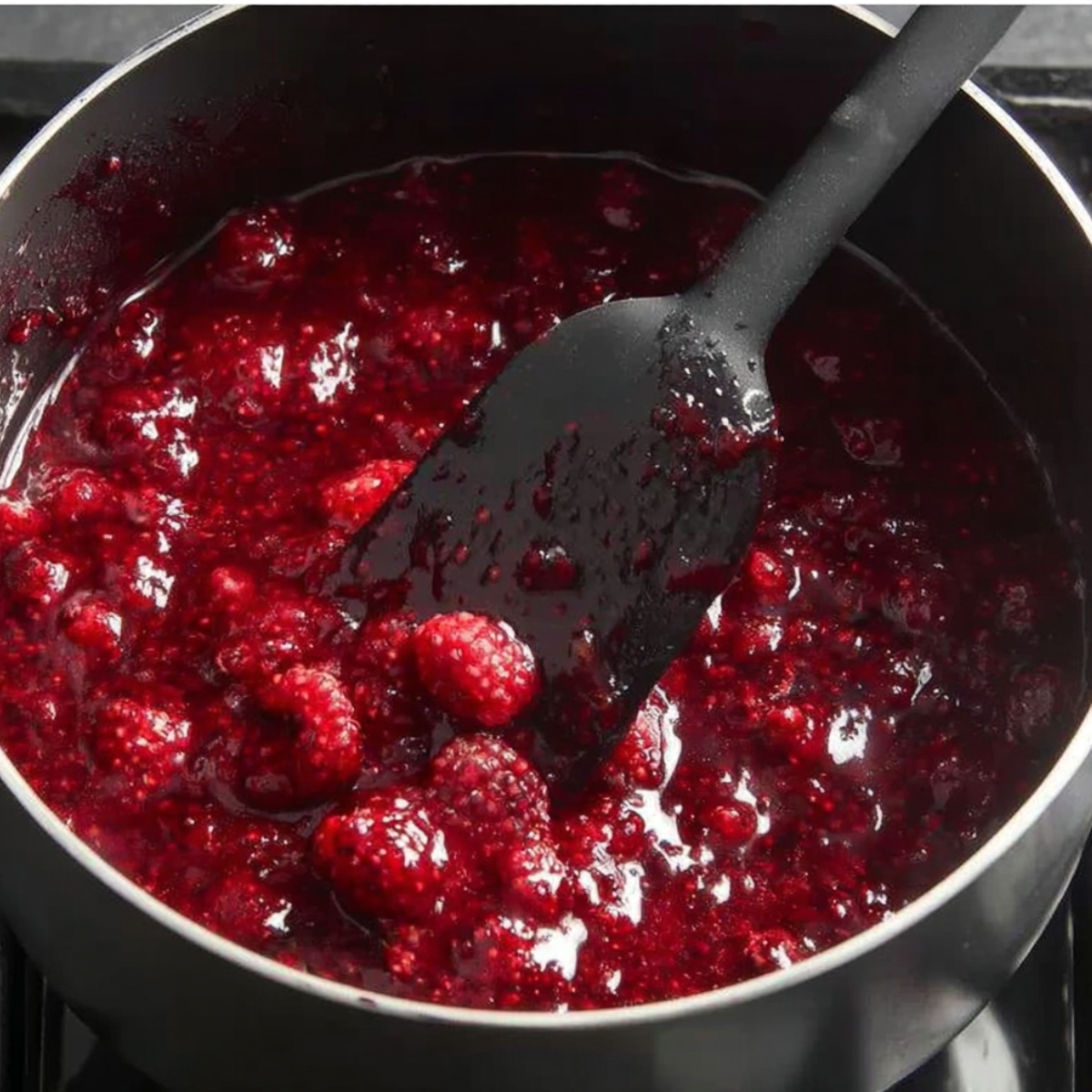 Fresh raspberries being cooked in a saucepan with a black spatula, creating a thick, vibrant red raspberry mixture for homemade raspberry mousse.
