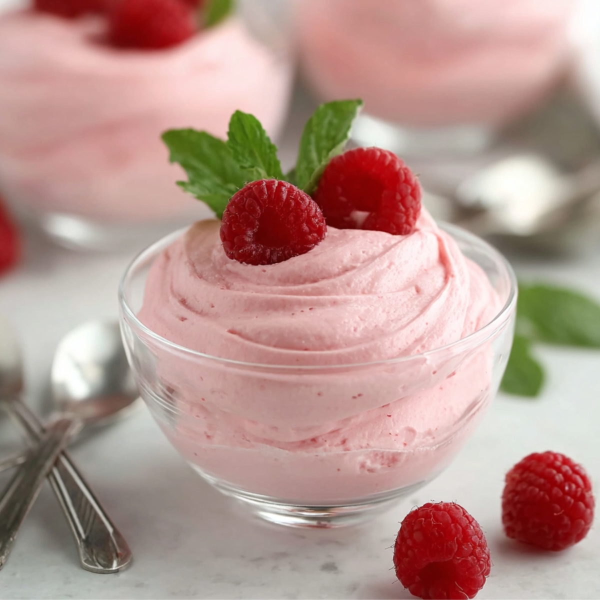 Delicious pink raspberry mousse in a glass bowl, garnished with fresh raspberries and mint leaves, perfect for a light and creamy dessert.