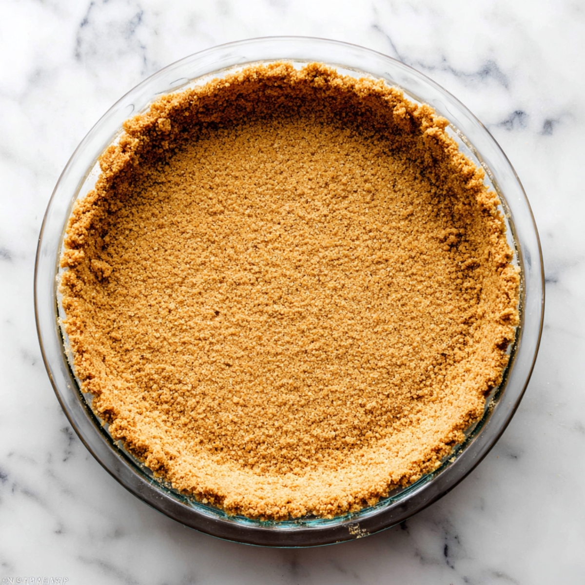 Close-up of a golden-brown graham cracker pie crust pressed into a glass pie dish, ready to be filled for a s’mores brownie pie recipe.