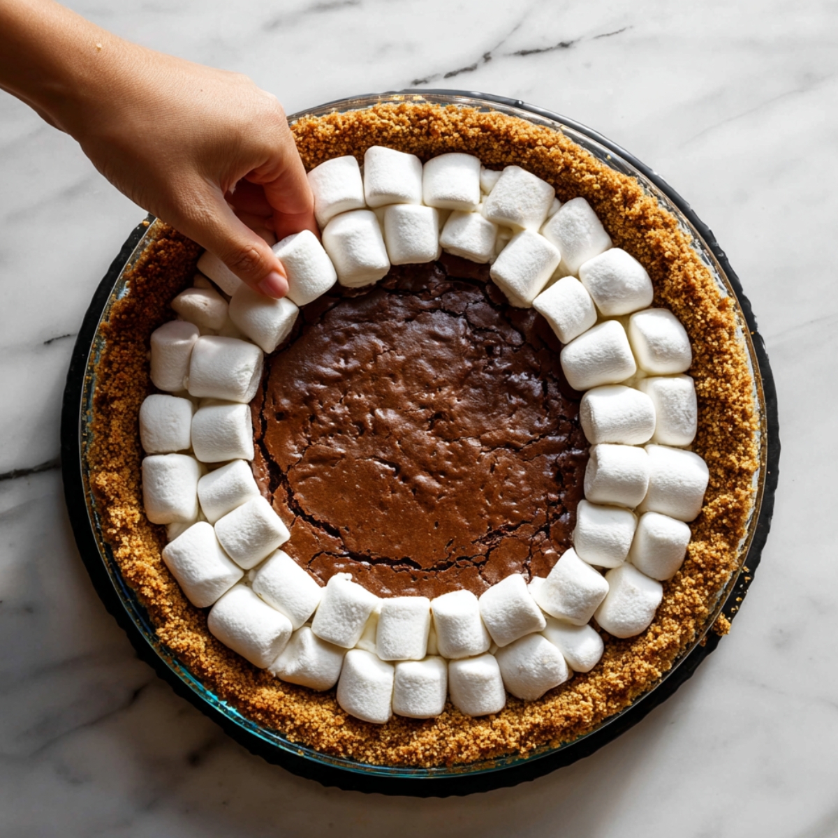 Hand placing marshmallows in a circle on a chocolate brownie pie inside a graham cracker crust, showing the preparation of a s’mores dessert.