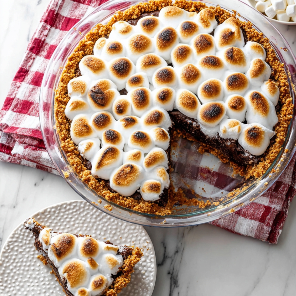A slice of rich chocolate s’mores brownie pie topped with golden toasted marshmallows in a graham cracker crust, served on a white plate next to the remaining pie. Perfect s’mores dessert recipe.