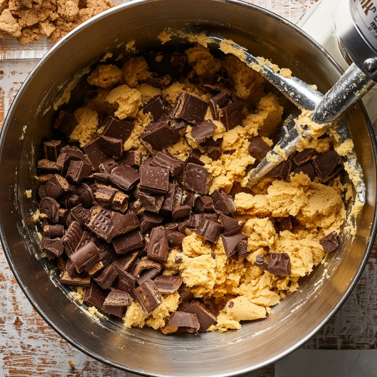 Top-down view of a metal mixing bowl filled with S’mores cookie dough, packed with chunks of chocolate, ready to be scooped and baked into gooey cookies.