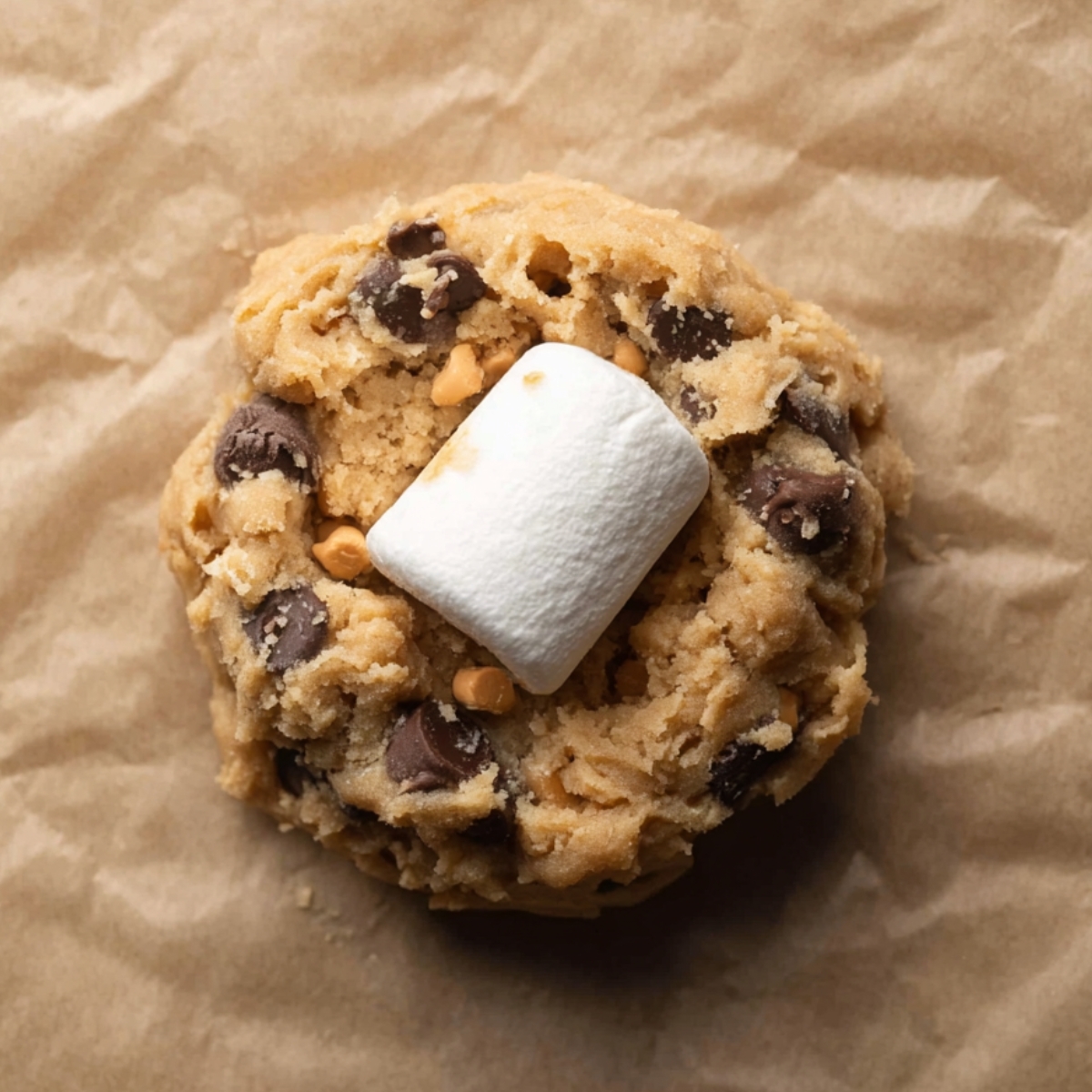 Close-up of an unbaked S’mores cookie on parchment paper, featuring chocolate chips, peanut butter chips, and a single large marshmallow pressed into the center.