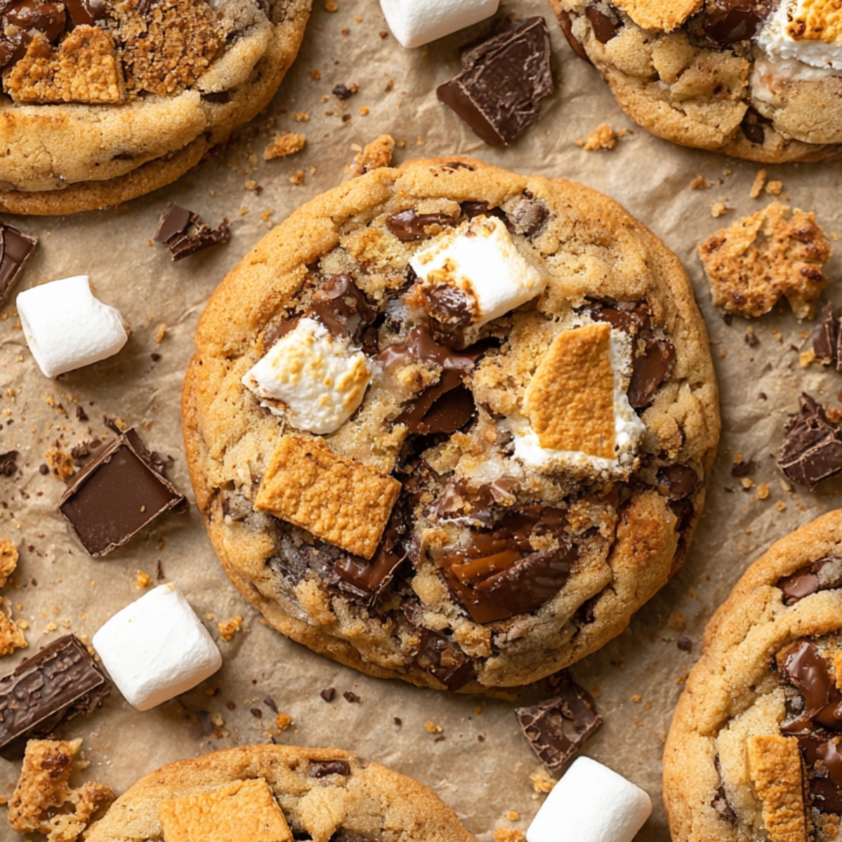 Close-up of freshly baked S’mores cookies on parchment paper, loaded with melted chocolate chunks, toasted marshmallows, and graham cracker pieces, surrounded by scattered chocolate and marshmallows.