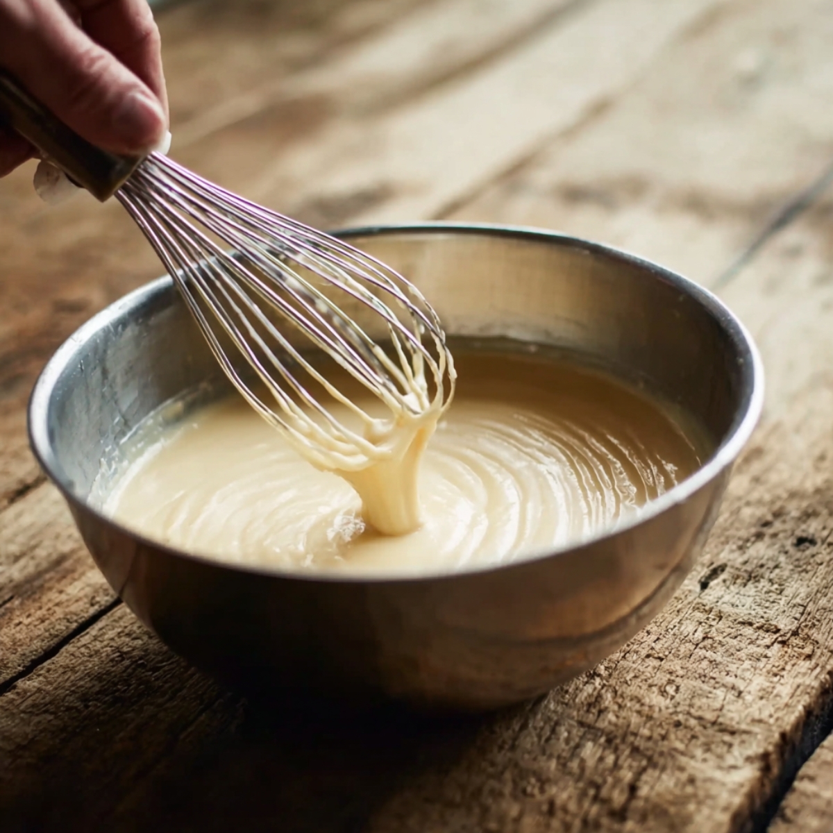 Close-up of a hand whisking smooth, creamy cheesecake banana pudding in a metal bowl on a rustic wooden surface, ready for layering with strawberries and banana slices.