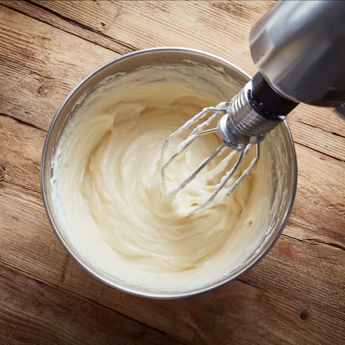 Overhead view of a metal bowl with thick, creamy cheesecake banana pudding being whipped with an electric mixer on a rustic wooden table, ready for layering with strawberries and bananas.