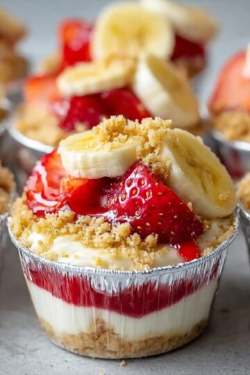 Close-up of mini no-bake strawberry cheesecake banana pudding cups topped with fresh strawberries, banana slices, and graham cracker crumbs in foil cups, layered with creamy cheesecake filling and strawberry sauce.