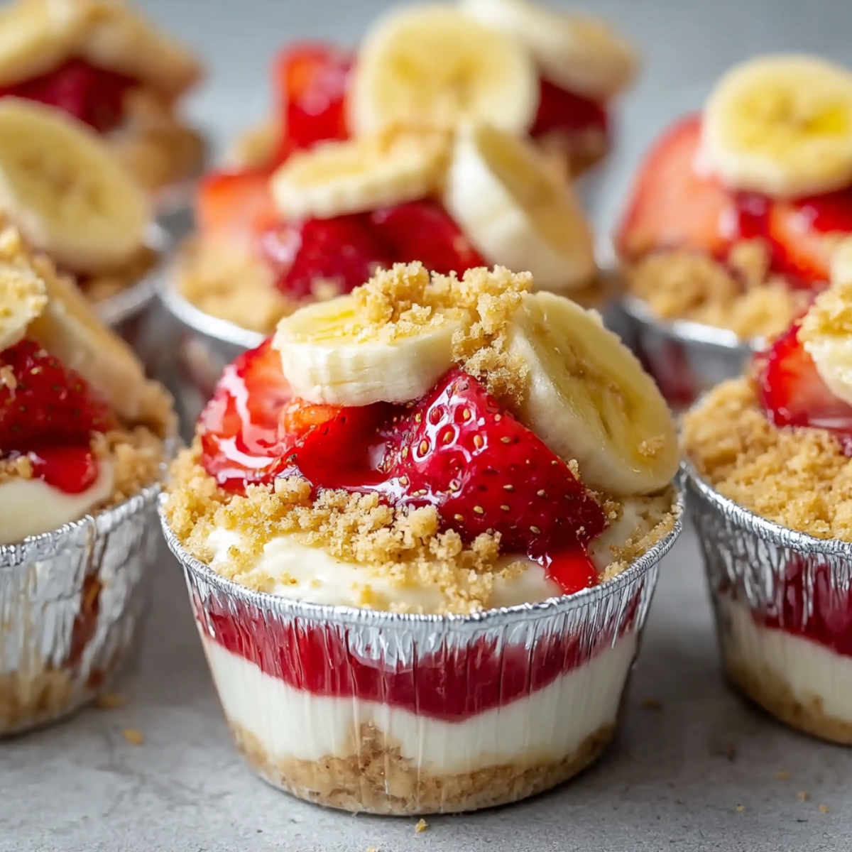 Close-up of mini no-bake cheesecake banana pudding cups topped with fresh strawberries, banana slices, and graham cracker crumbs in foil cups, layered with creamy cheesecake filling and strawberry sauce.
