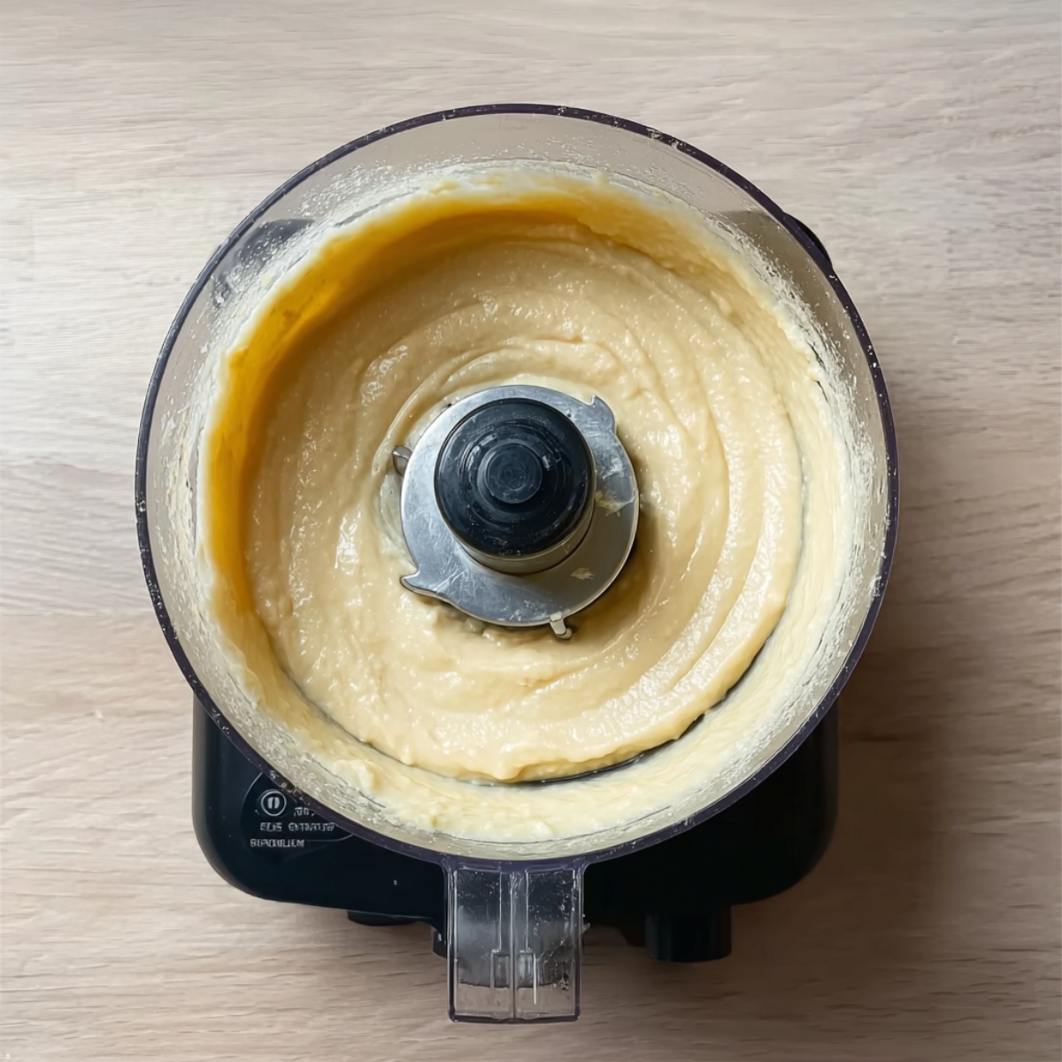 Smooth vanilla cake batter in a food processor, ready to be swirled with chocolate for a delicious Cake Marbré, shown on a wooden countertop.