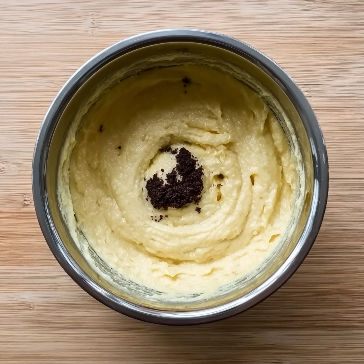 Top view of vanilla cake batter in a mixing bowl with a small pile of cocoa powder in the center, ready to be swirled for a Cake Marbré, on a wooden countertop.