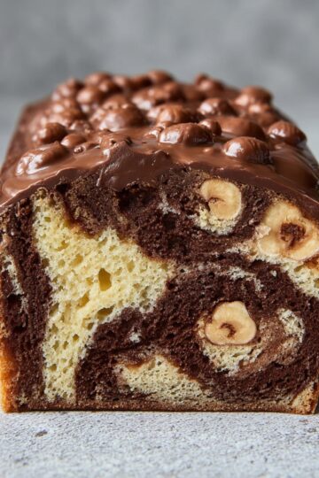 Slice of Cake Marbré with swirls of chocolate and vanilla, topped with glossy chocolate and whole hazelnuts, sitting on a light gray surface, perfect for homemade dessert lovers.