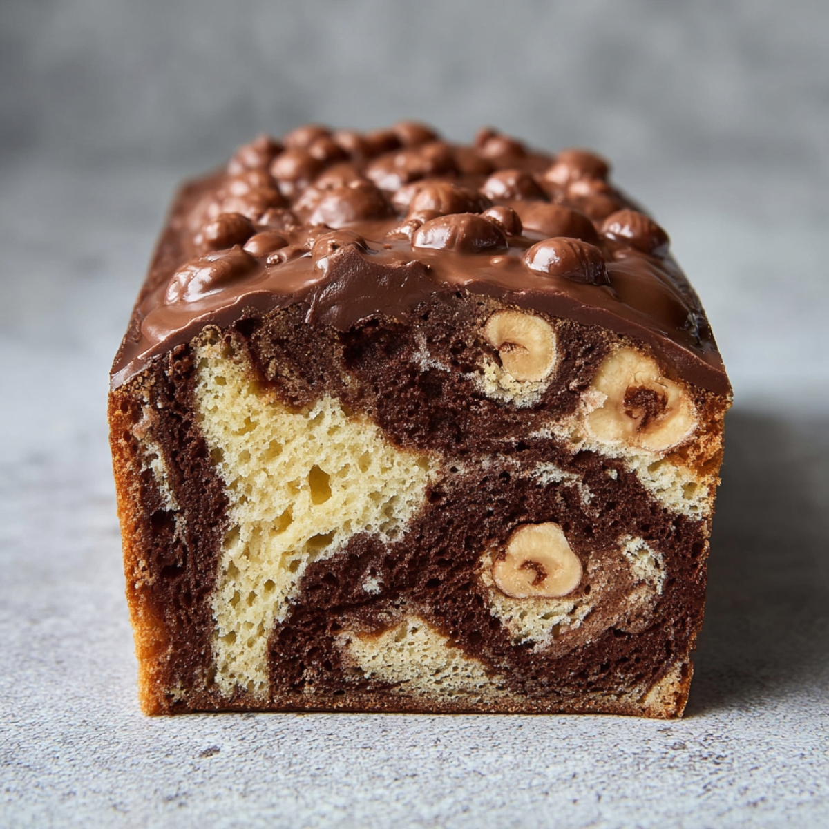 Slice of Cake Marbré with swirls of chocolate and vanilla, topped with glossy chocolate and whole hazelnuts, sitting on a light gray surface, perfect for homemade dessert lovers.