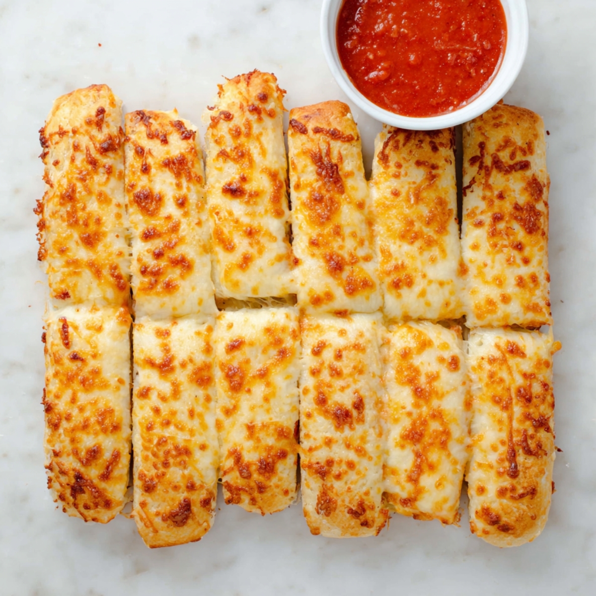 Golden, cheesy breadsticks baked to perfection, served with a small bowl of marinara sauce, homemade Copycat Pizza Hut style cheese sticks recipe.