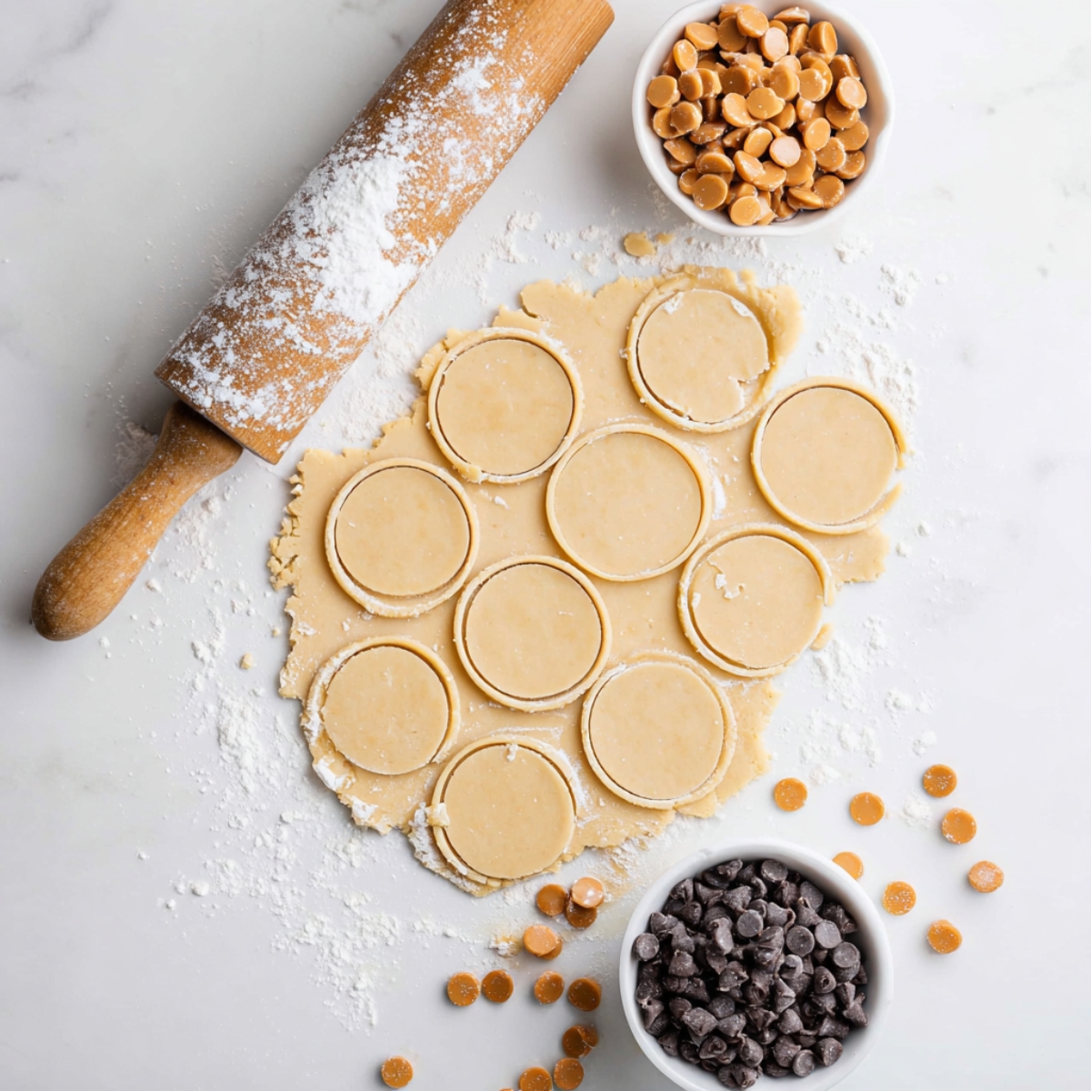Top view of cookie dough rolled out and cut into circles for Twix Cookies, surrounded by bowls of chocolate chips and butterscotch chips, ready for baking.