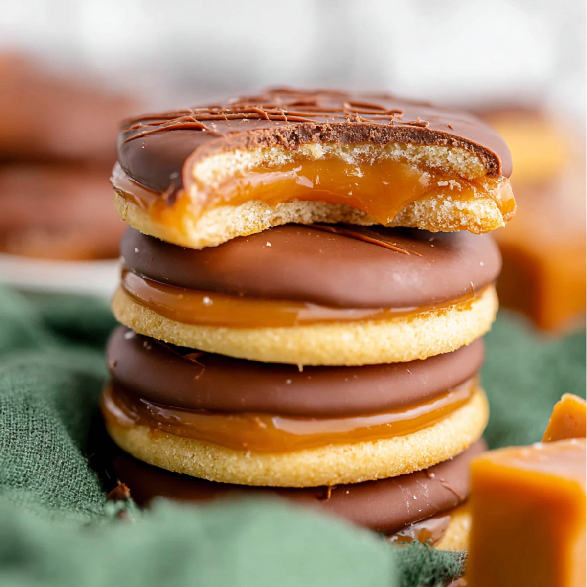 Close-up of stacked Twix Cookies with rich chocolate coating, gooey caramel layer, and buttery shortbread base, perfect for homemade dessert recipes.