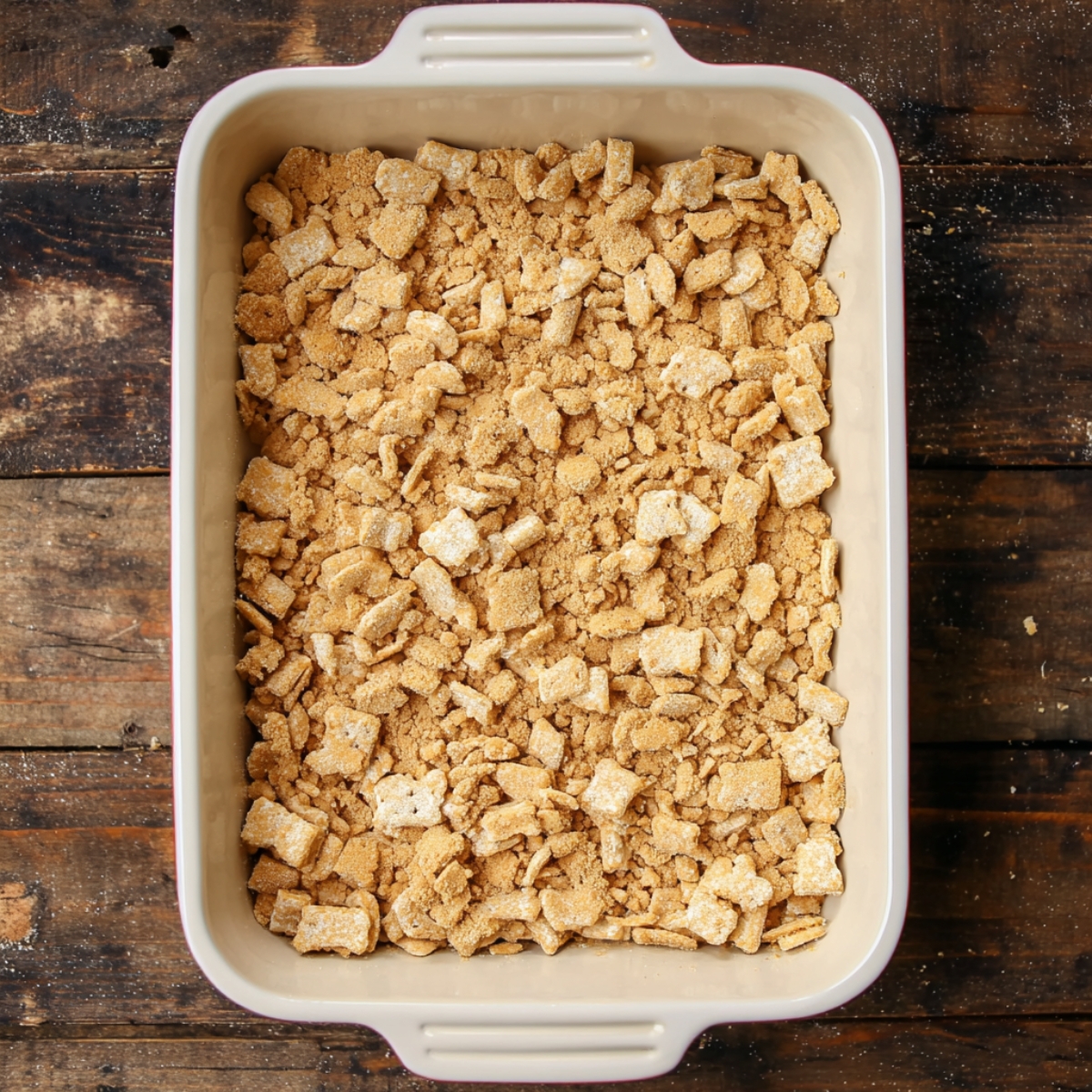 A baking dish filled with crushed golden cookies forming the base layer for Vanilla Lush Pie, ready to be topped with creamy vanilla layers.