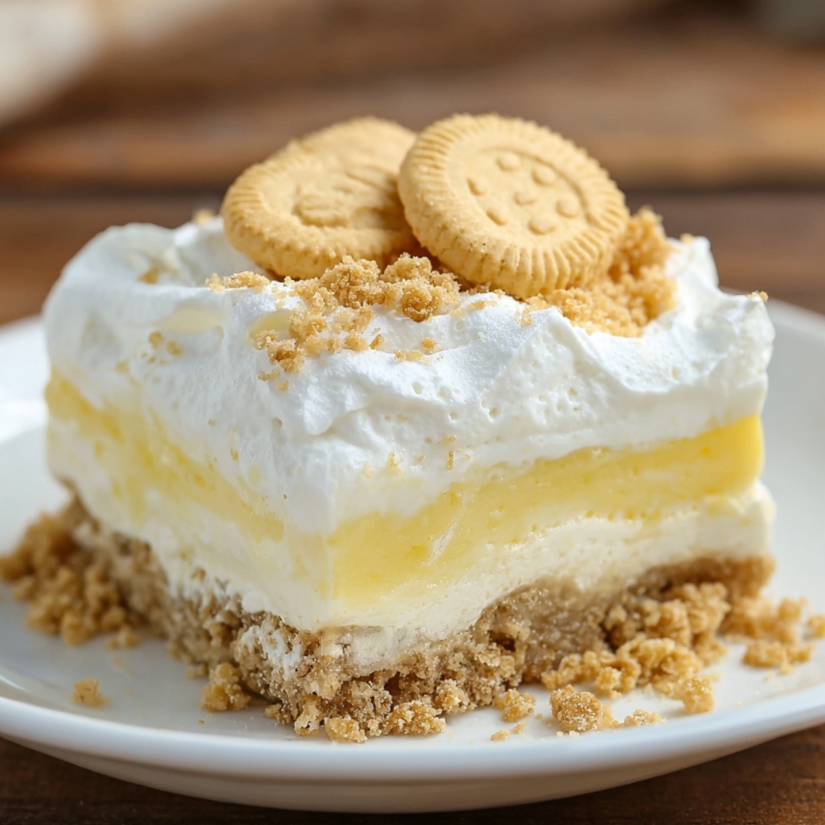 A slice of Vanilla Lush Pie featuring layers of creamy vanilla pudding, whipped topping, and a golden cookie crumb crust, garnished with vanilla sandwich cookies.
