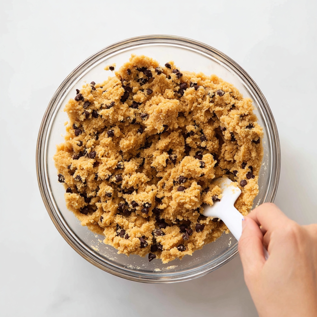 Hand mixing a bowl of vegan chocolate chip cookie dough with mini chocolate chips, ready to be scooped into no-bake dessert cups.
