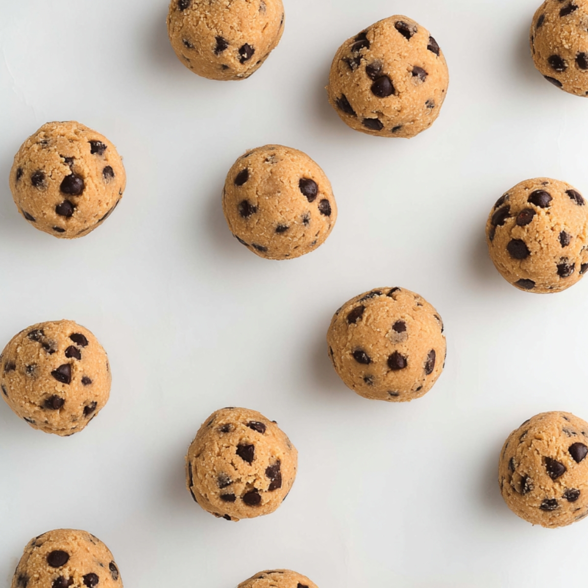 Overhead view of round vegan chocolate chip cookie dough balls on a white surface, perfect for baking or no-bake desserts.