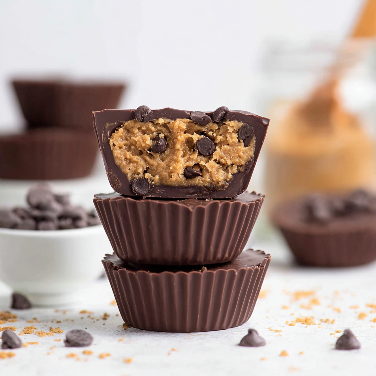 Stacked vegan chocolate cups filled with rich, gooey cookie dough and mini chocolate chips, perfect for a no-bake dessert or healthy treat.